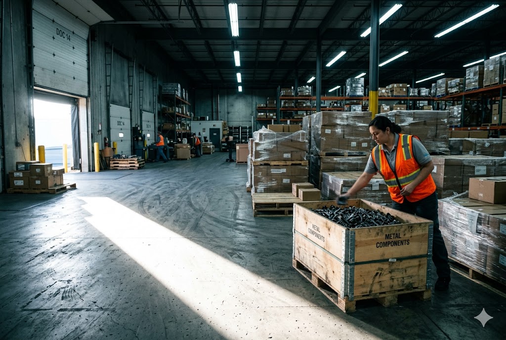 Export Logistics Packing Warehouse staff packing metal components for export shipping (ID#5)