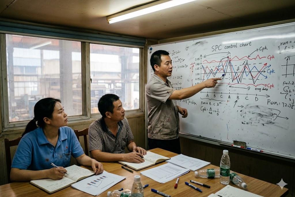 SPC Quality Control Engineering team analyzing SPC control chart for custom mechanical parts quality control (ID#5)