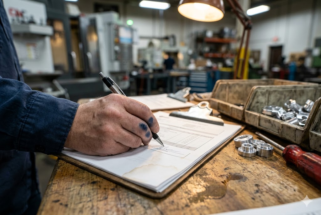 Quality Inspection Sign-Off Inspector signing quality control report beside finished custom machined parts (ID#5)