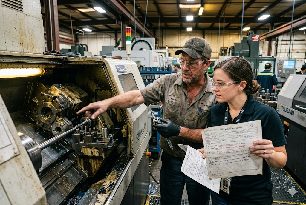 CNC Factory Quality Review Quality engineer reviewing first article inspection report at CNC lathe factory (ID#5)