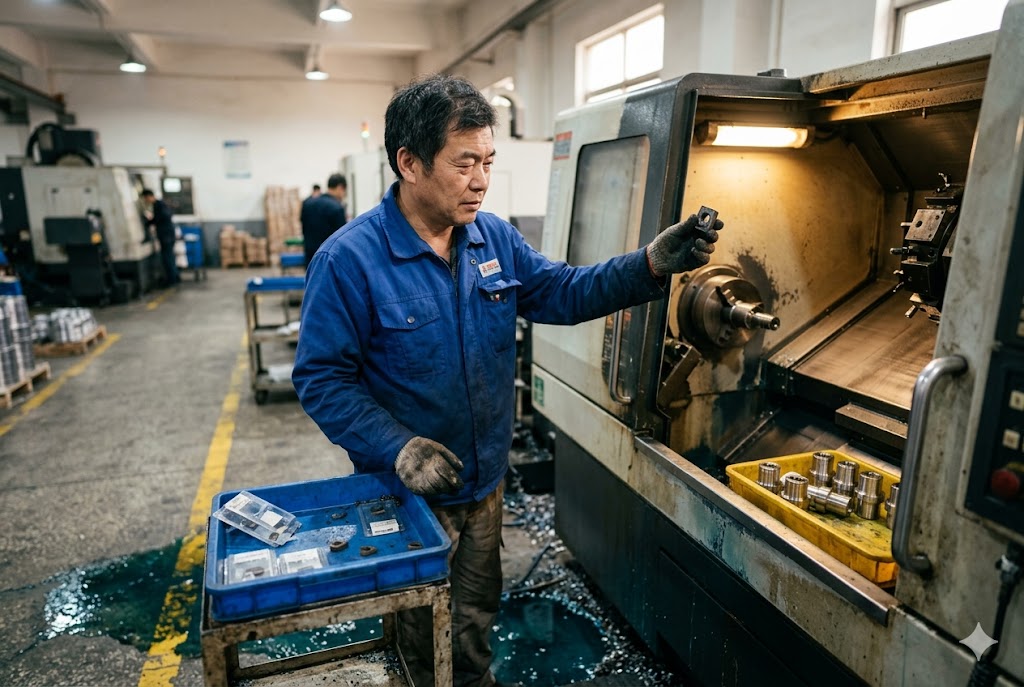 CNC Machining Custom Parts CNC lathe operator machining custom mechanical parts at China manufacturing facility (ID#5)