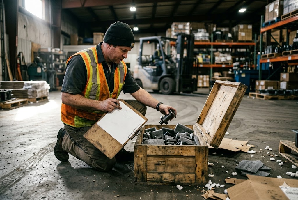 Pre-Shipment Quality Inspection Warehouse worker inspecting packaged mechanical parts crate before shipment in factory (ID#5)