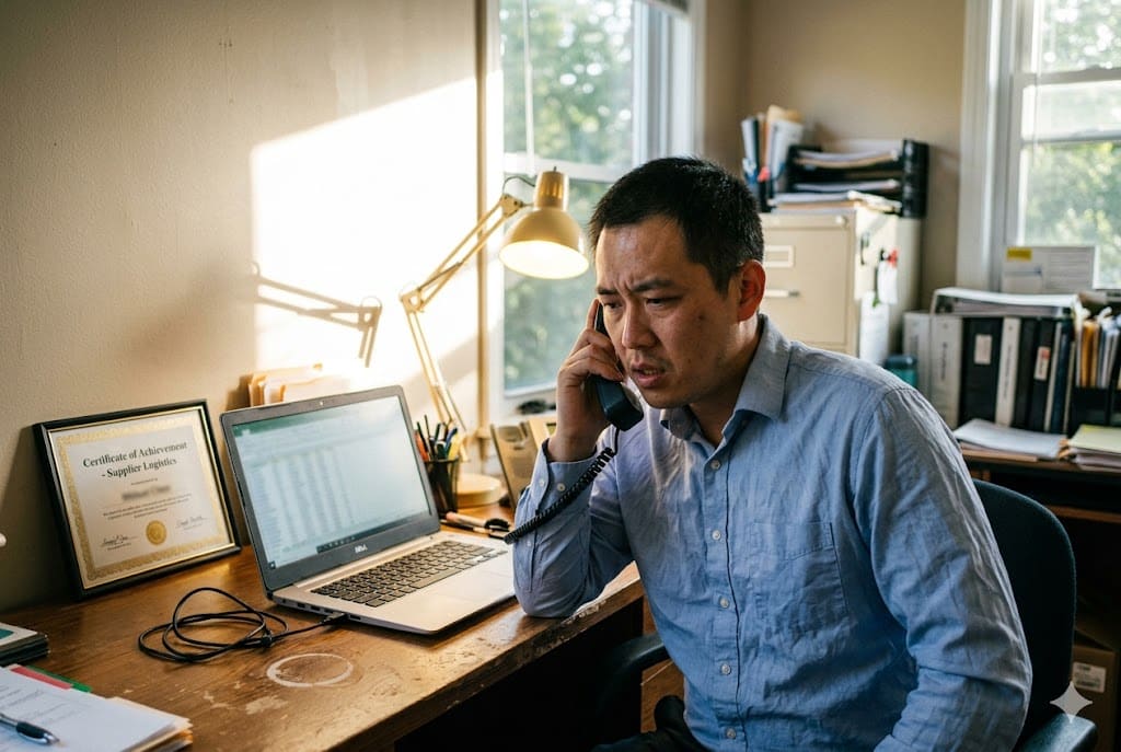 Supplier Logistics Coordination Supply chain coordinator on phone managing supplier logistics communication (ID#5)