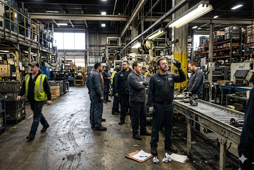 Custom Parts Factory Team Manufacturing team conducting floor meeting in custom mechanical parts factory (ID#5)