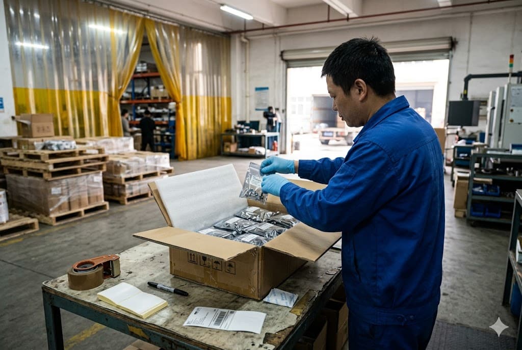 China Export Packing Factory worker packing sealed custom mechanical parts into export carton (ID#5)