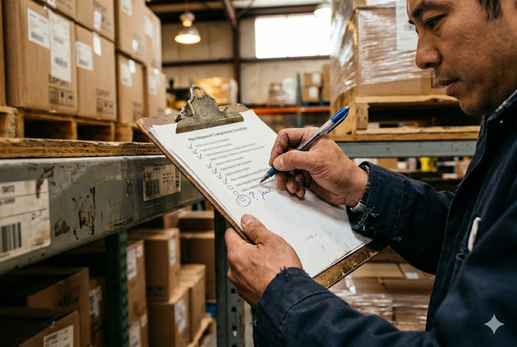 Pre-Shipment Inspection Quality inspector completing pre-shipment compliance checklist in export warehouse (ID#5)