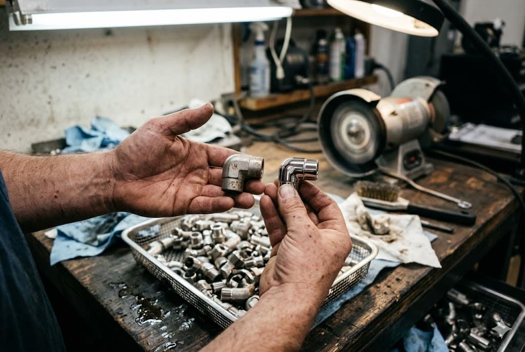 Custom Pipe Fittings QC Worker inspecting polished stainless steel pipe fitting elbows before shipment (ID#5)