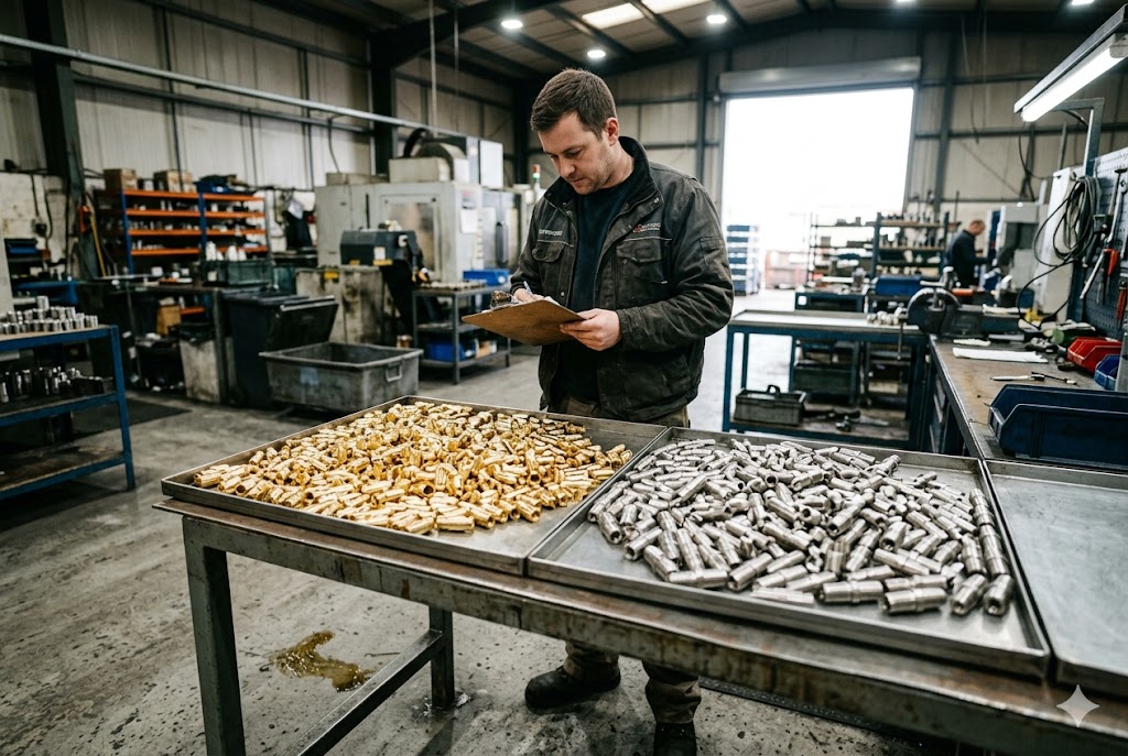 Machined Parts Batch Inspection Inspector reviewing batches of custom brass and steel machined parts (ID#5)