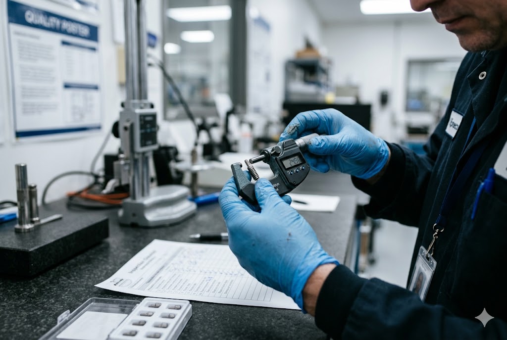 Precision Parts Quality Control QC technician measuring custom mechanical part with digital micrometer (ID#5)