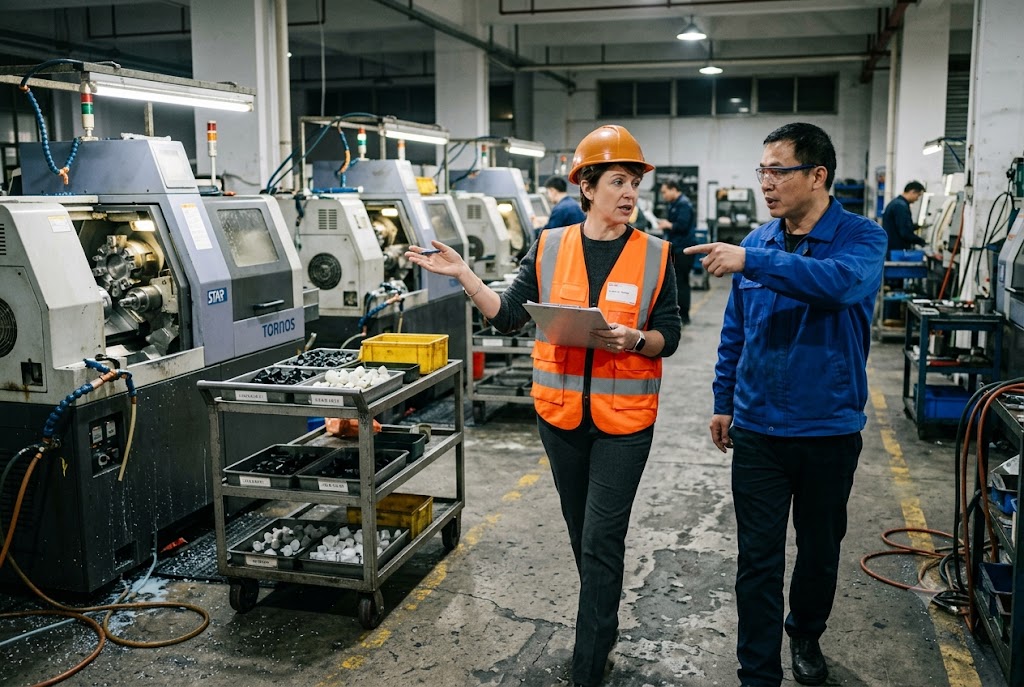 Supplier Factory Audit Visit Purchasing manager conducting supplier factory audit of CNC machining floor (ID#5)