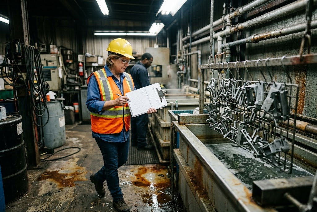 In-Process Quality Audit Quality inspector in safety gear documenting plated metal parts on production line (ID#5)