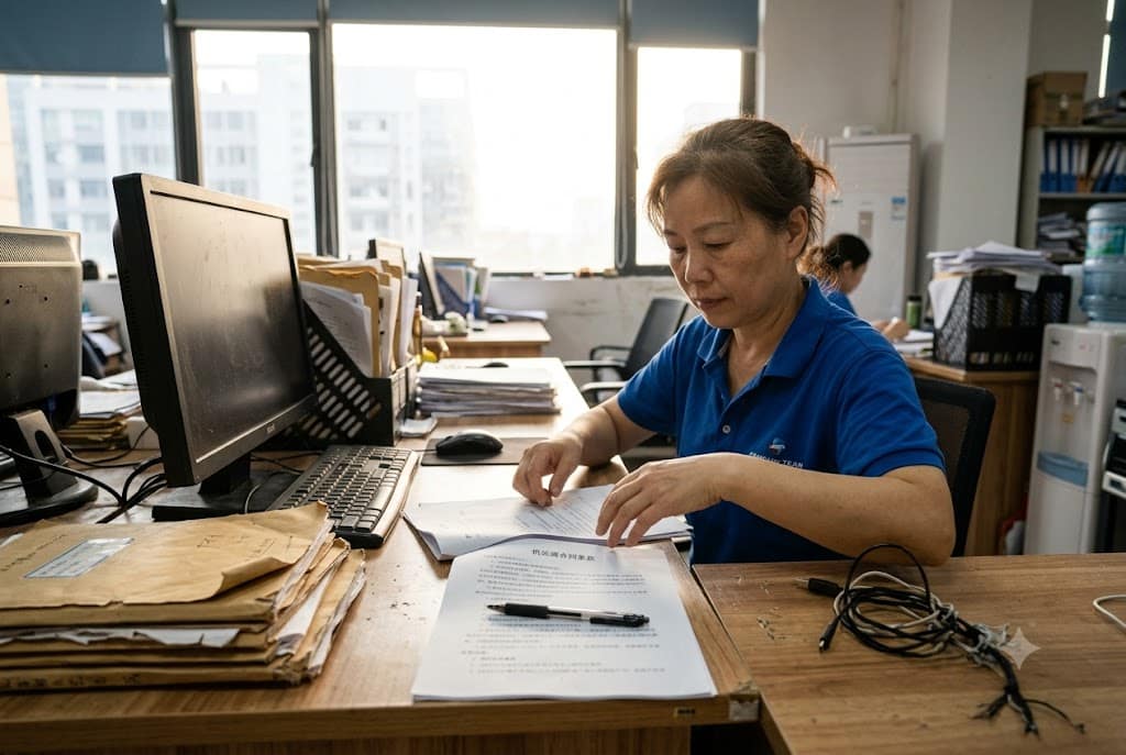 Contract and Quality Documentation Quality control staff reviewing manufacturing contract and inspection documents (ID#5)