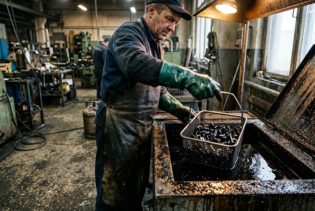 Surface Treatment Process Factory worker performing surface treatment on custom metal fasteners (ID#5)
