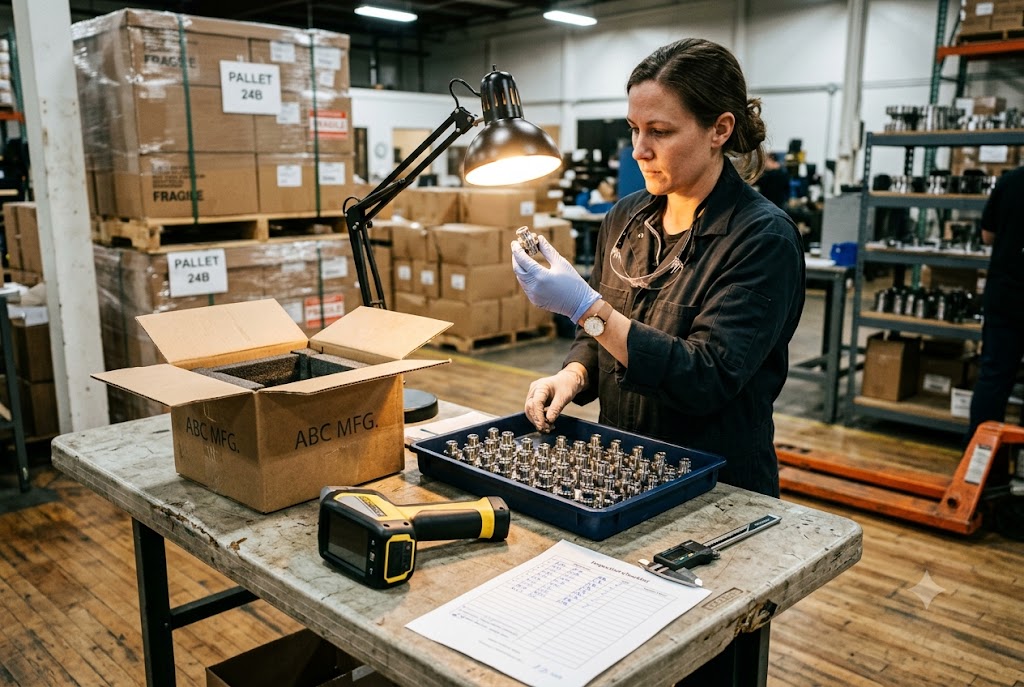 Pre-Shipment Parts Inspection Inspector performing pre-shipment inspection on custom precision machined parts (ID#5)