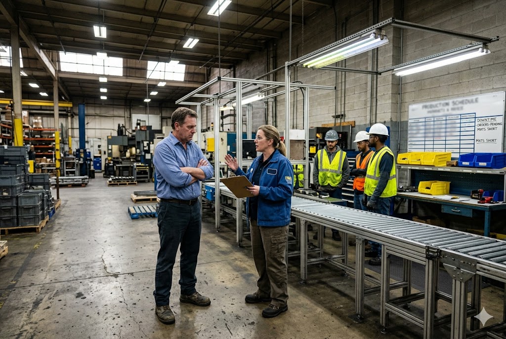 Factory Production Floor Meeting Purchasing manager reviewing production schedule with engineer in manufacturing facility (ID#5)