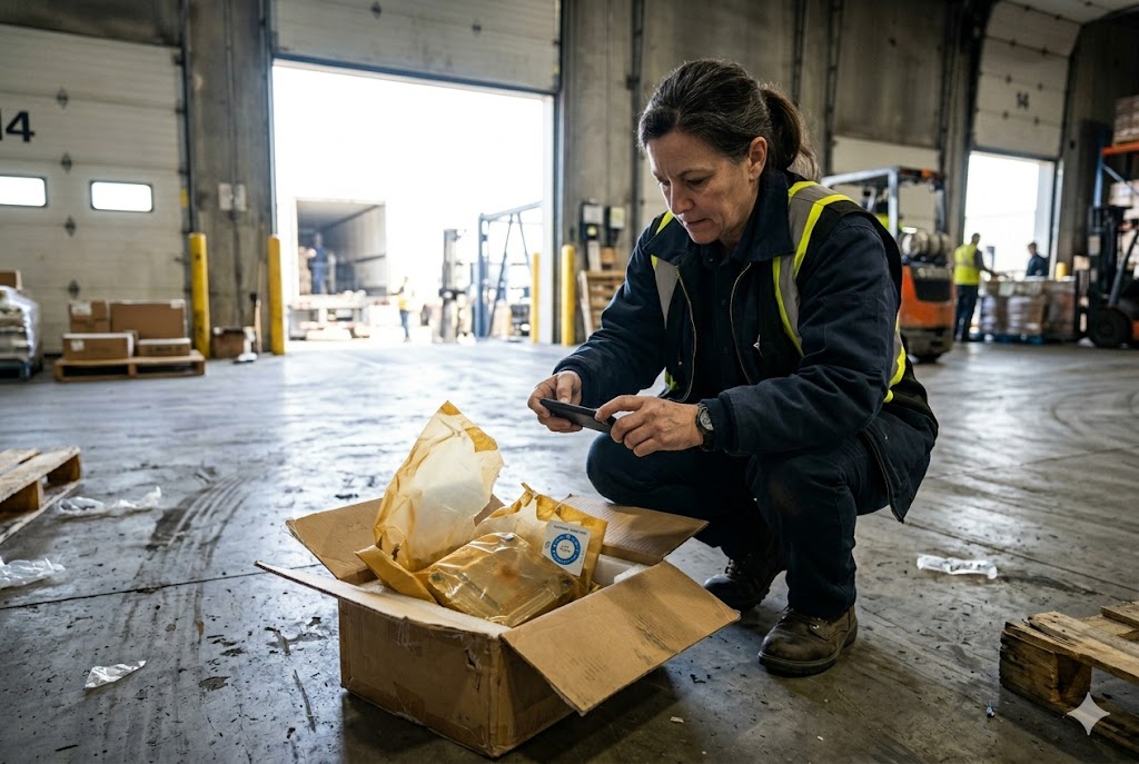 Parts Shipment Receiving Inspection Warehouse inspector photographing received custom mechanical parts shipment box (ID#5)