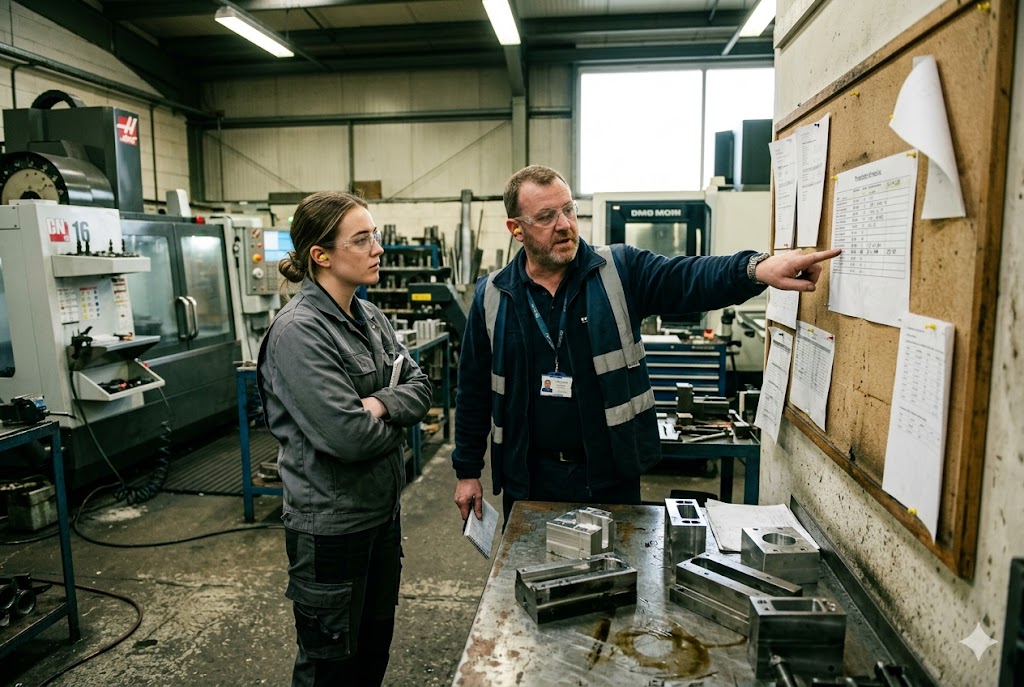 CNC Production Management Factory supervisor briefing technician on CNC production schedule and machined parts (ID#5)