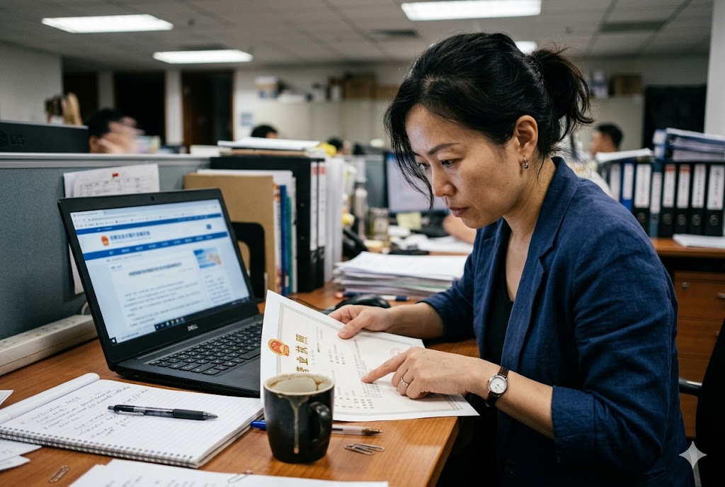 China Supplier Compliance Review China-based supply chain manager reviewing official documents for export compliance (ID#5)
