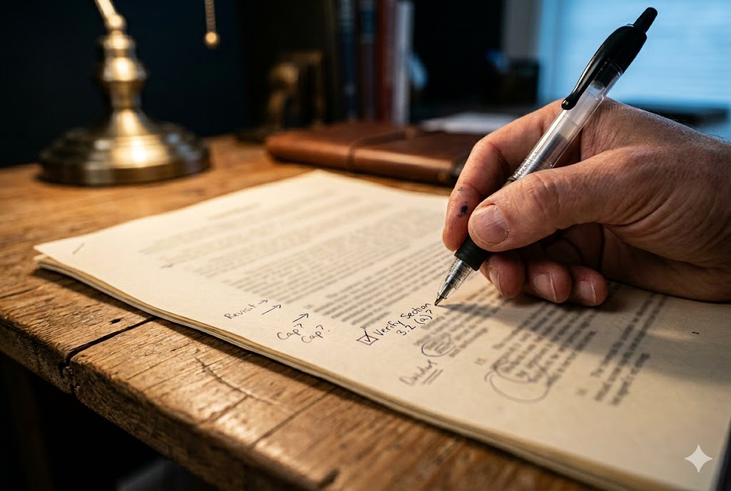 Custom Parts Contract Review Procurement professional annotating supply contract clauses for custom parts order (ID#5)