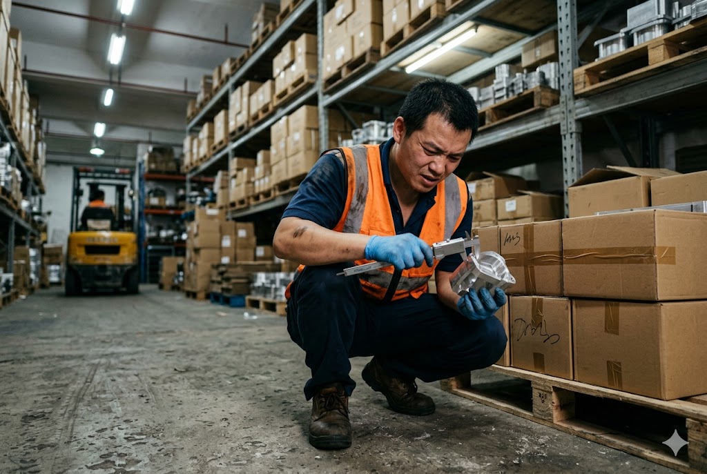 Pre-Shipment QC Inspection Pre-shipment quality inspector measuring custom mechanical parts with calipers in warehouse (ID#5)