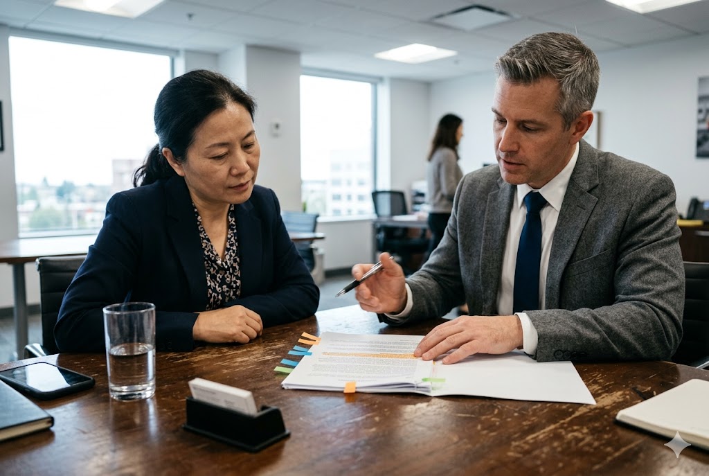 B2B Supply Chain Meeting Chinese and US business professionals reviewing custom mechanical parts supply contract (ID#5)