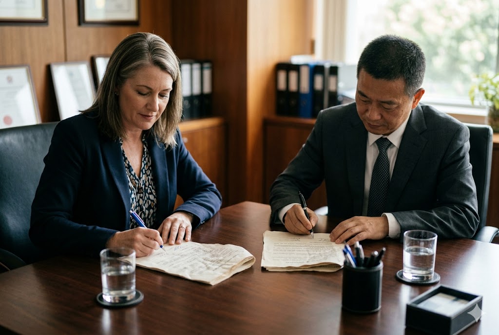 B2B Supply Contract Signing US buyer and Chinese supplier signing B2B custom parts manufacturing contract (ID#5)