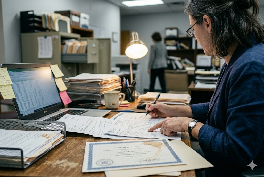 Parts Supplier Contract Review Procurement manager reviewing custom mechanical parts certificates and supplier contracts at desk (ID#5)
