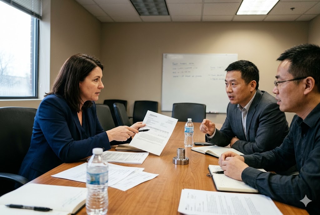 B2B Supply Negotiation Purchasing manager negotiating custom mechanical parts supply contract (ID#5)