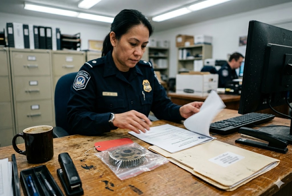 Import Compliance Check Customs officer reviewing import documents with mechanical gear part on desk (ID#5)