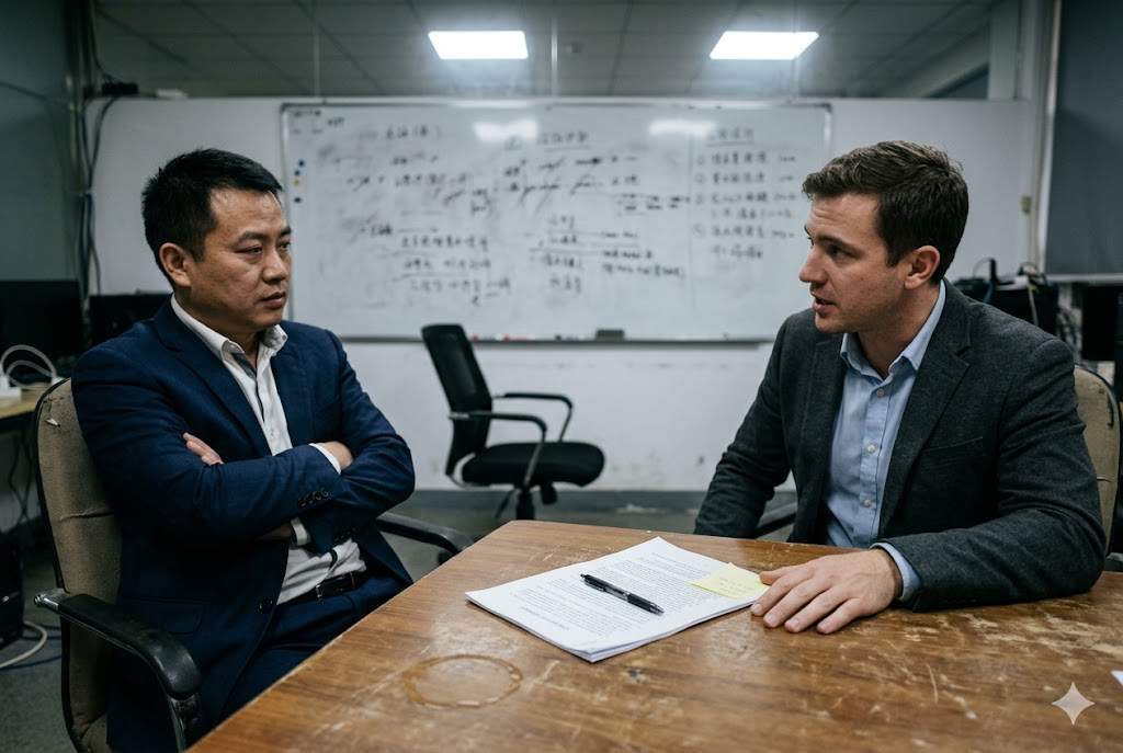 Supplier Buyer Contract Meeting Chinese supplier and Western buyer negotiating custom parts manufacturing contract (ID#5)
