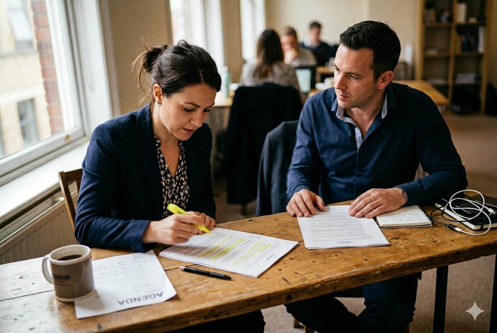 B2B Sourcing Consultation Purchasing manager and supplier rep reviewing contract and sourcing agenda together (ID#5)