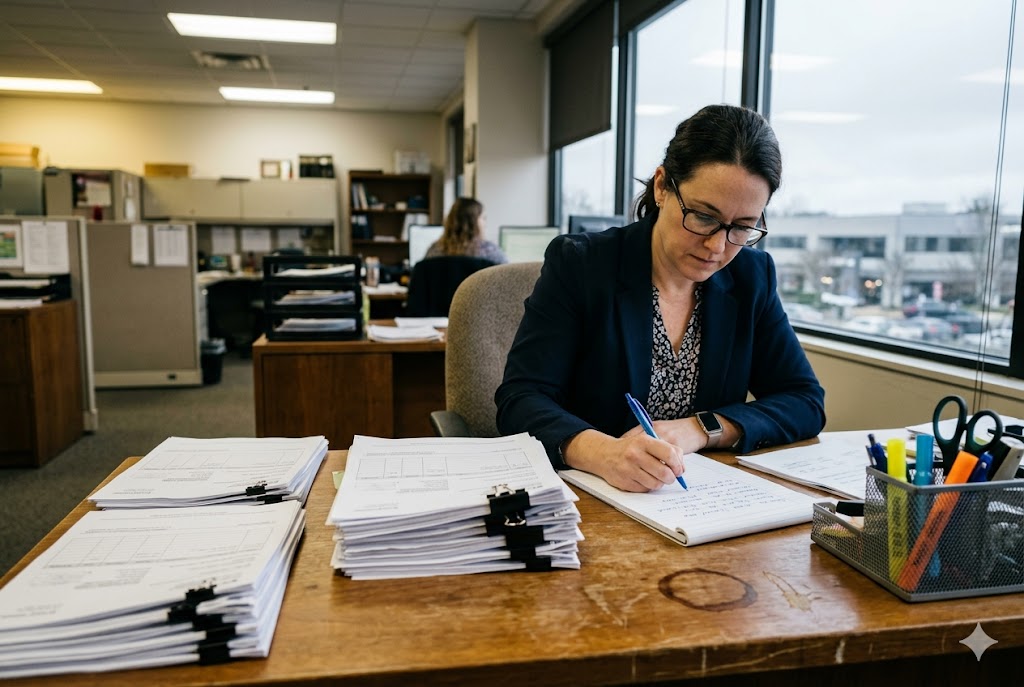 Procurement Manager at Work Female purchasing manager writing notes on custom mechanical parts procurement documents (ID#5)