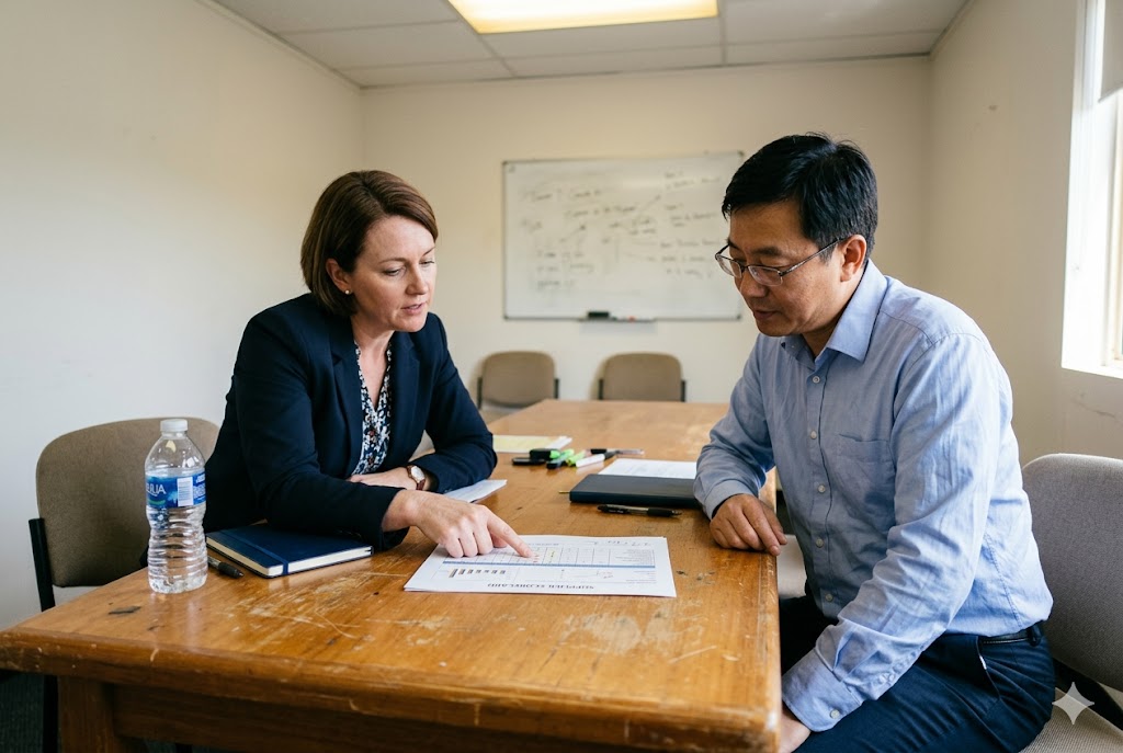 Supplier Audit B2B Meeting US buyer and Chinese supplier reviewing supplier audit report at meeting table (ID#5)