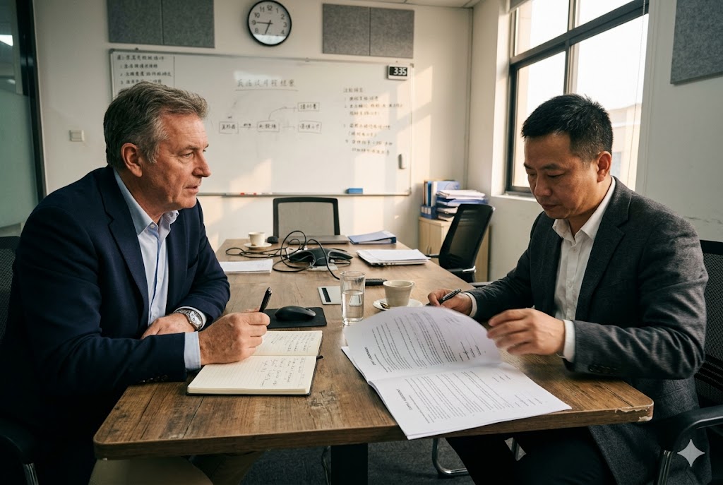 B2B Supplier Contract Meeting Western buyer and Chinese supplier reviewing contract for custom mechanical parts sourcing (ID#5)