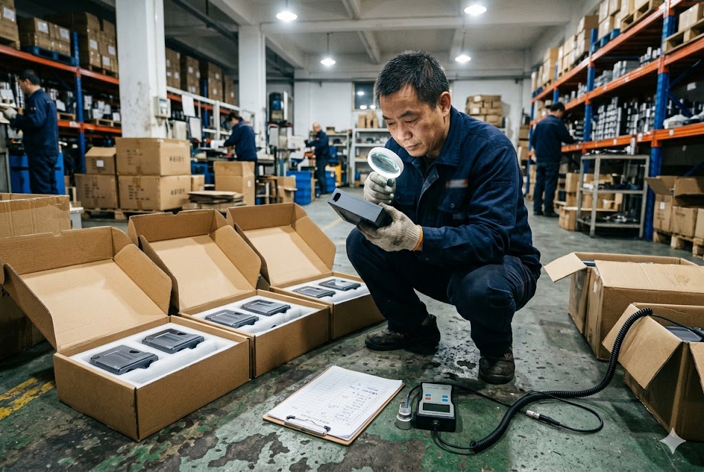 Pre-Shipment Quality Check Pre-shipment inspector examining custom mechanical parts with magnifier (ID#5)