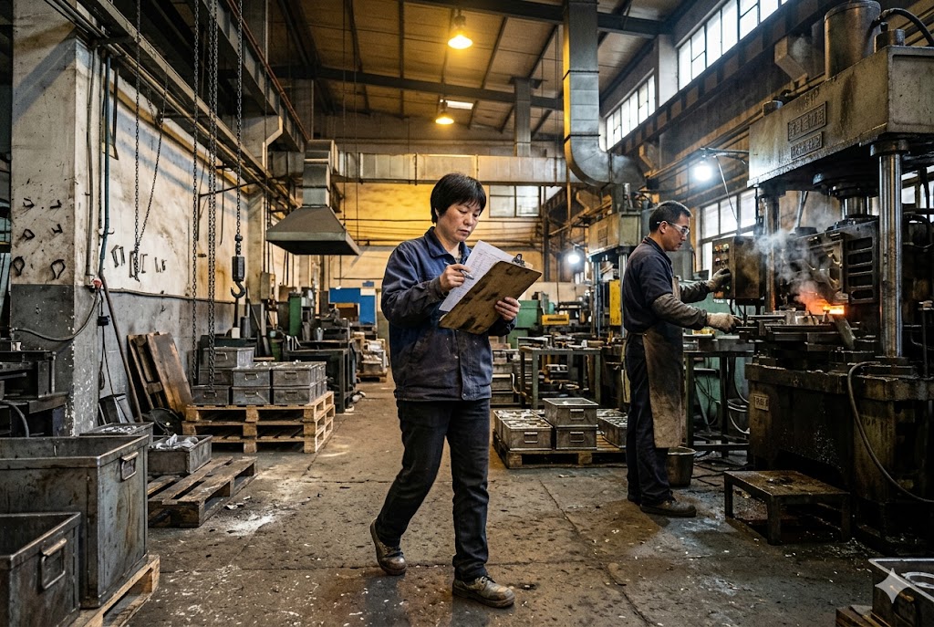 China Factory Quality Inspection Quality inspector conducting in-production process control audit at Chinese mechanical parts factory (ID#5)