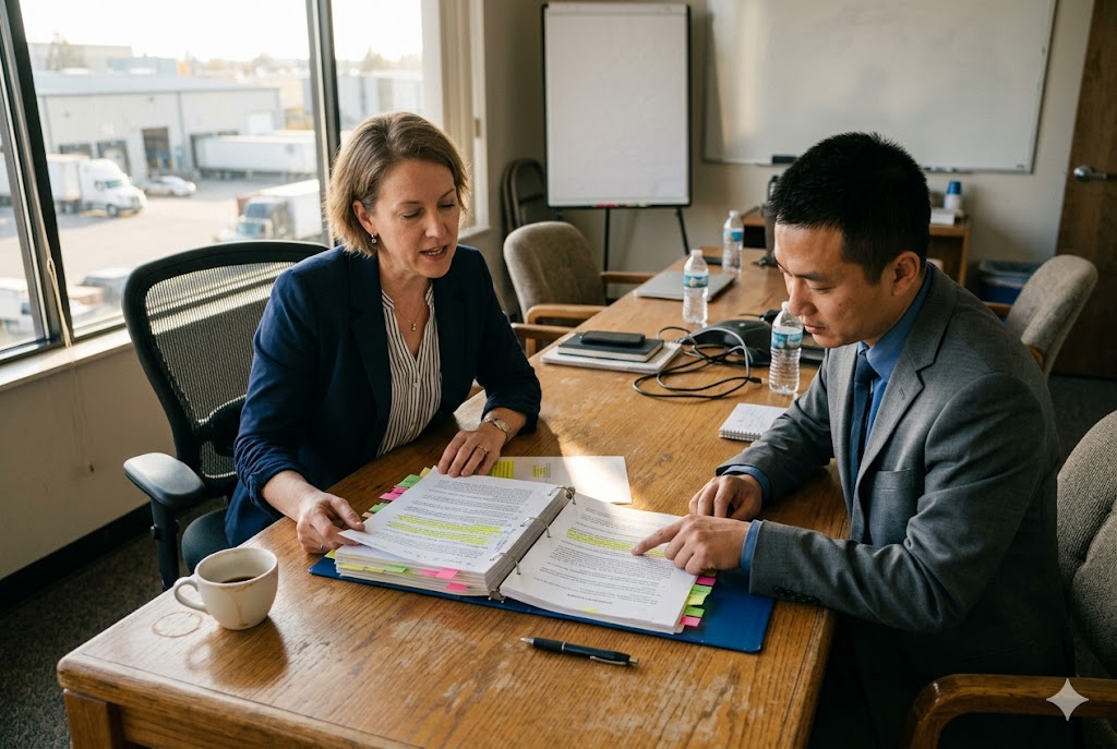 Supply Chain Contract Review Purchasing manager and Chinese supplier reviewing contract for custom mechanical parts export (ID#5)