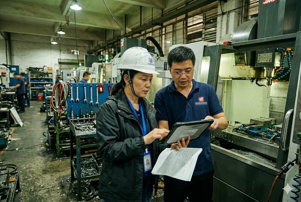 CNC Quality Inspection Check Quality inspector and engineer reviewing CNC machining process data on tablet (ID#5)