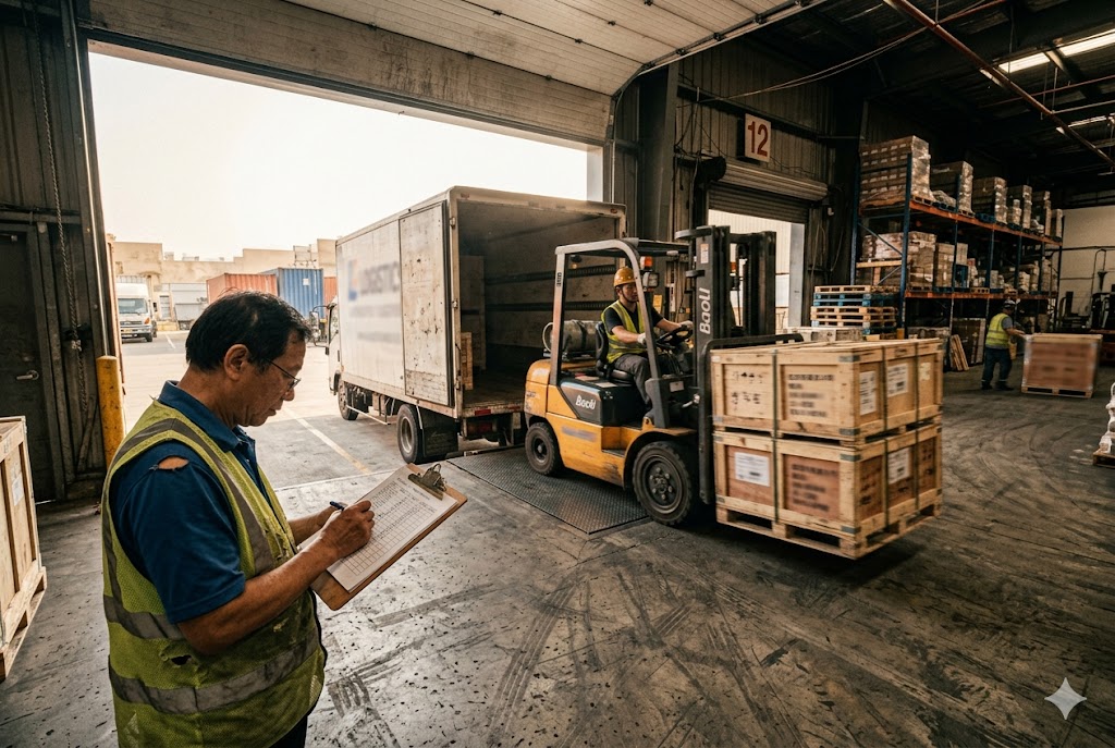 B2B Parts Export Logistics Logistics staff overseeing forklift loading crated mechanical parts for export shipment (ID#5)