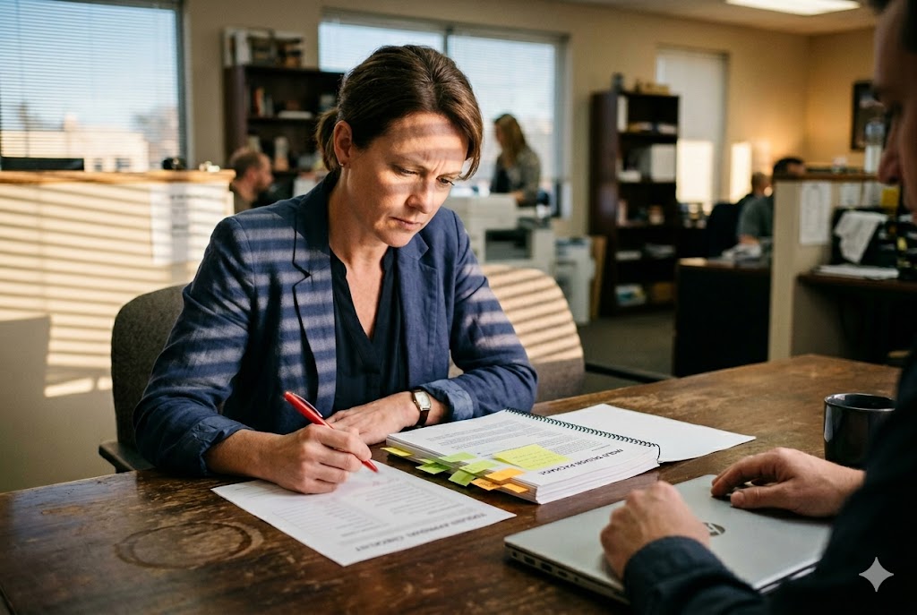 B2B Procurement Contract Review Purchasing manager reviewing supplier contract documents for custom mechanical parts (ID#5)