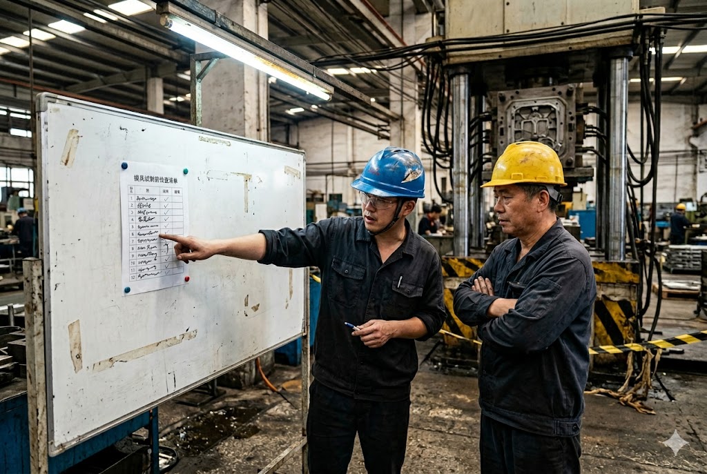 China Factory Production Control Chinese factory workers reviewing mold trial checklist on production floor (ID#5)