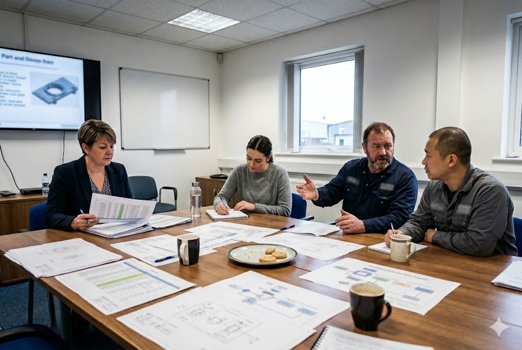 Global Supply Chain Meeting International team reviewing custom mechanical parts project documents in meeting (ID#5)