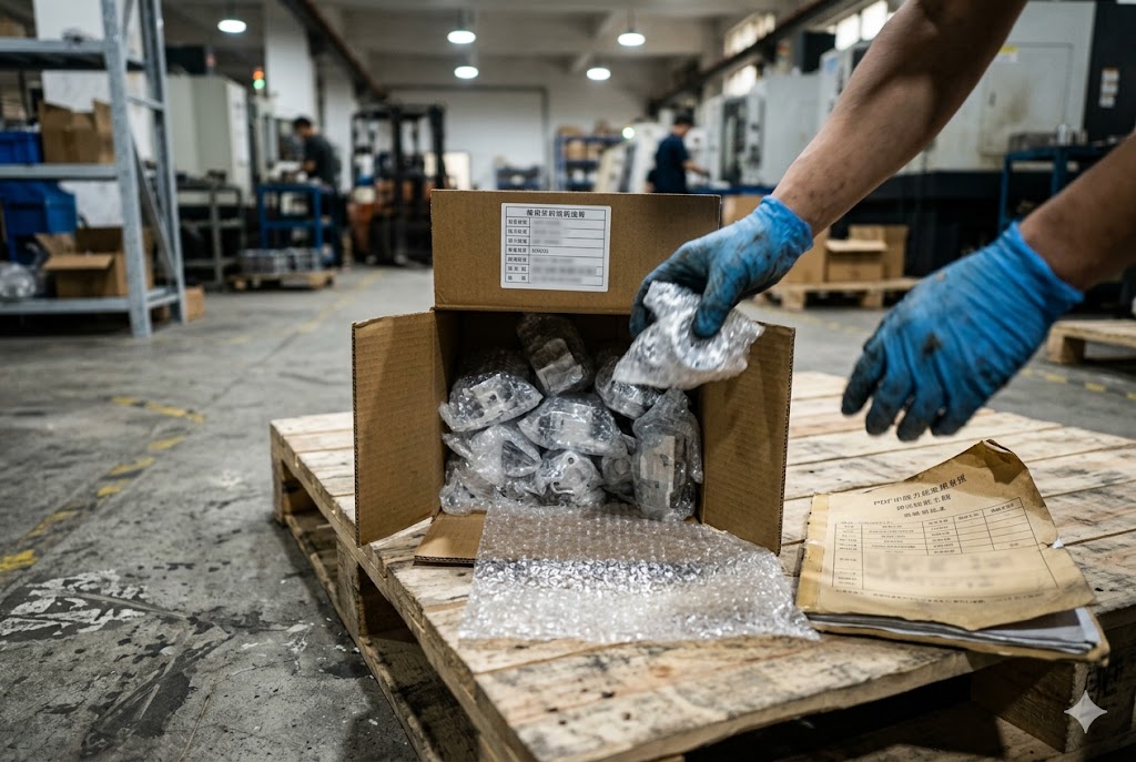 Custom Parts Export Packaging Worker packing inspected custom mechanical parts into export shipping box (ID#5)
