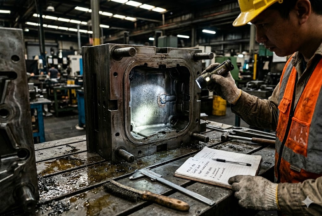 Mold Cavity Inspection Factory worker inspecting mold cavity with flashlight for quality control (ID#5)