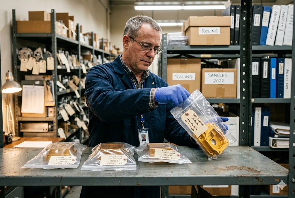 Parts Sample Review Quality control technician reviewing labeled custom mechanical part samples in warehouse (ID#5)