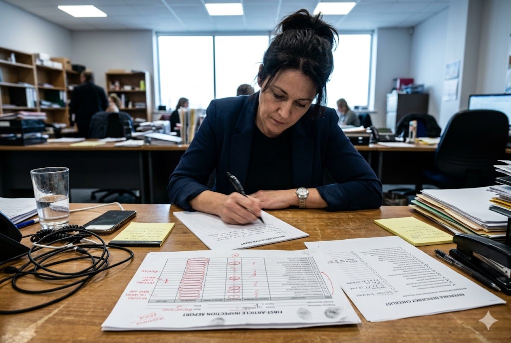 First Article Inspection Purchasing manager reviewing first-article inspection report and deficiency checklist for custom mechanical parts (ID#5)