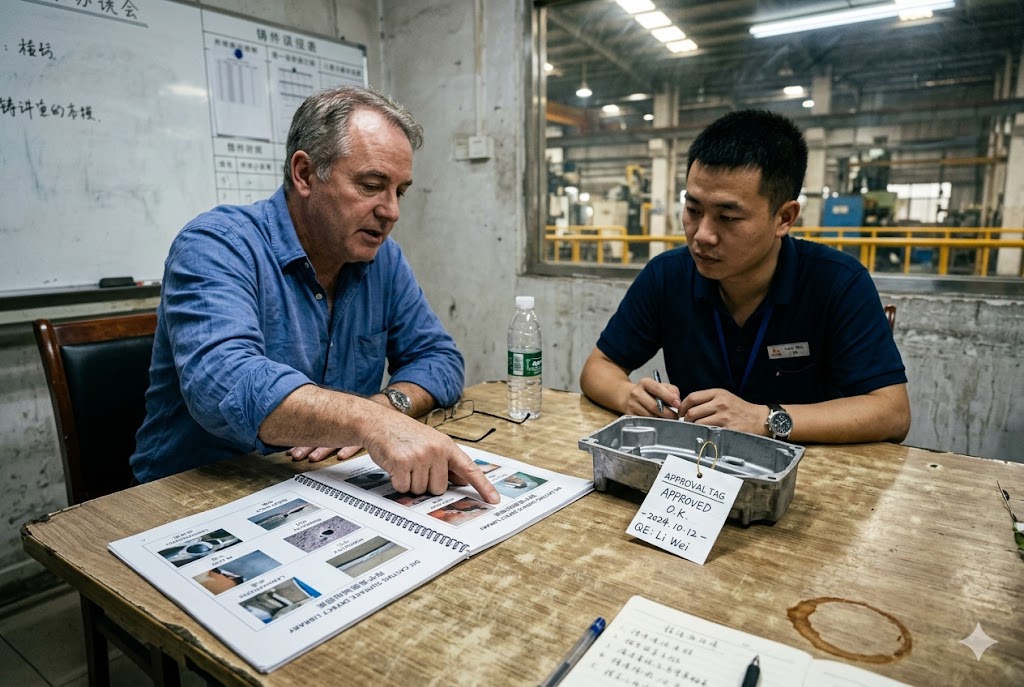 China Factory Supplier Audit Western buyer and Chinese engineer reviewing quality approval report for custom mechanical parts (ID#5)