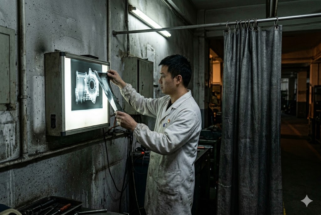 Custom Parts Quality Inspection Quality inspector examining X-ray film of custom cast mechanical part in factory (ID#5)