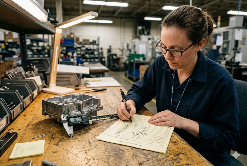 Precision Parts QC Report QC technician recording caliper measurements for custom machined part inspection (ID#5)