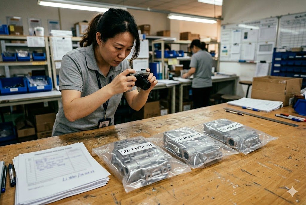 Pre-Shipment Parts Audit QC inspector photographing serialized custom mechanical parts for pre-shipment report (ID#5)